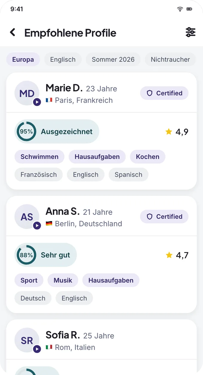 App screen: au pair profiles ranked by compatibility score.