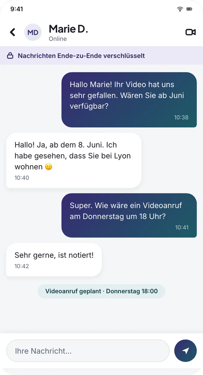 App screen: end-to-end encrypted conversation between a family and an au pair.