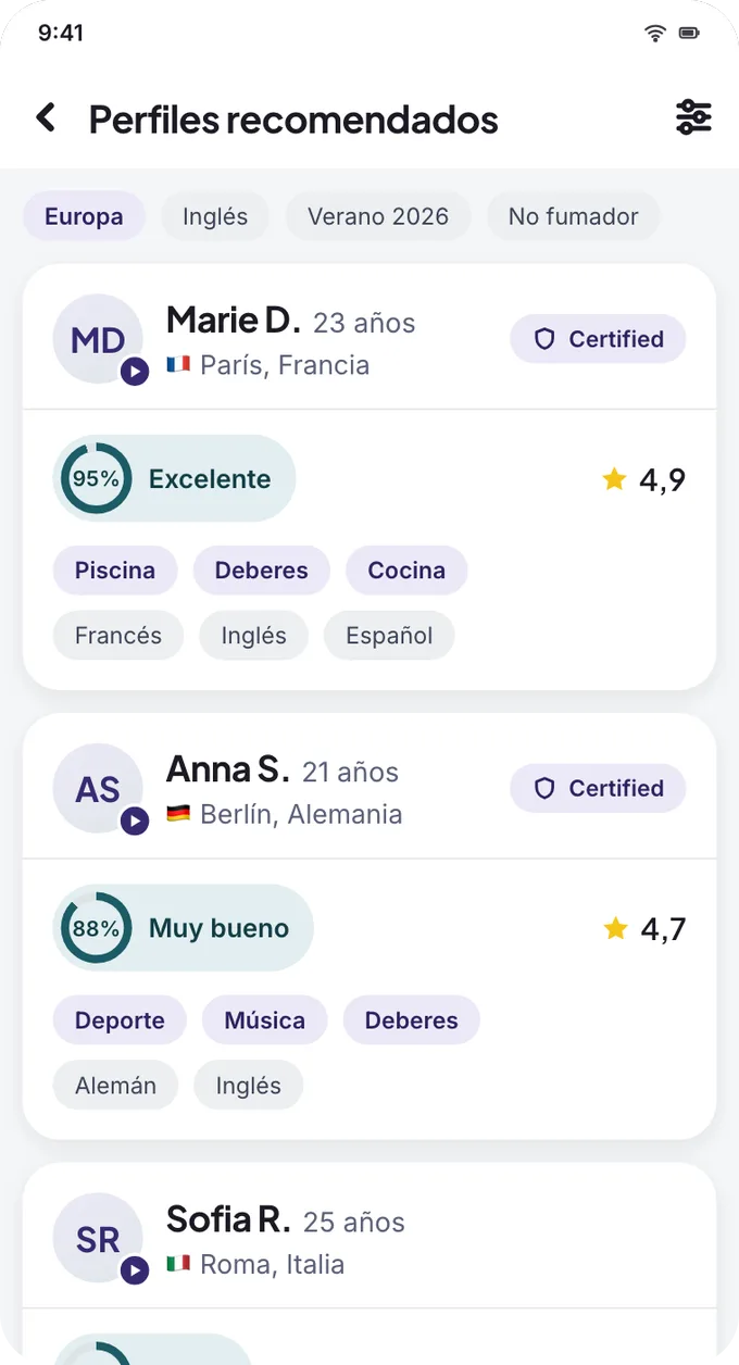 App screen: au pair profiles ranked by compatibility score.