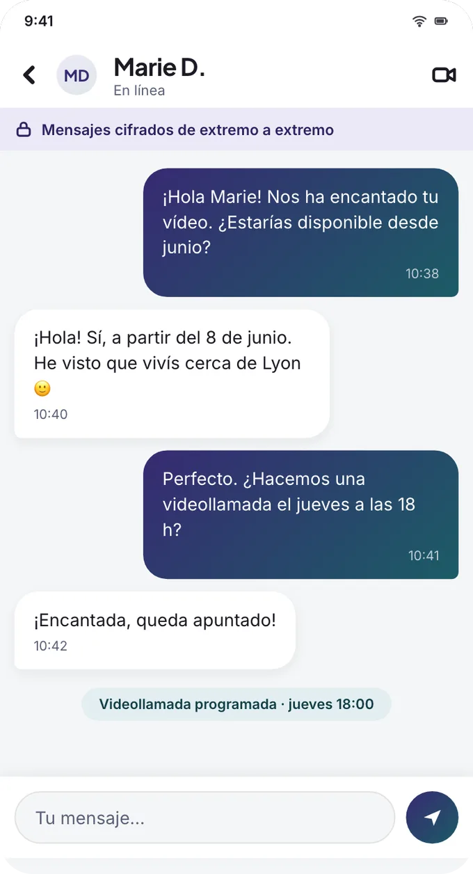 App screen: end-to-end encrypted conversation between a family and an au pair.