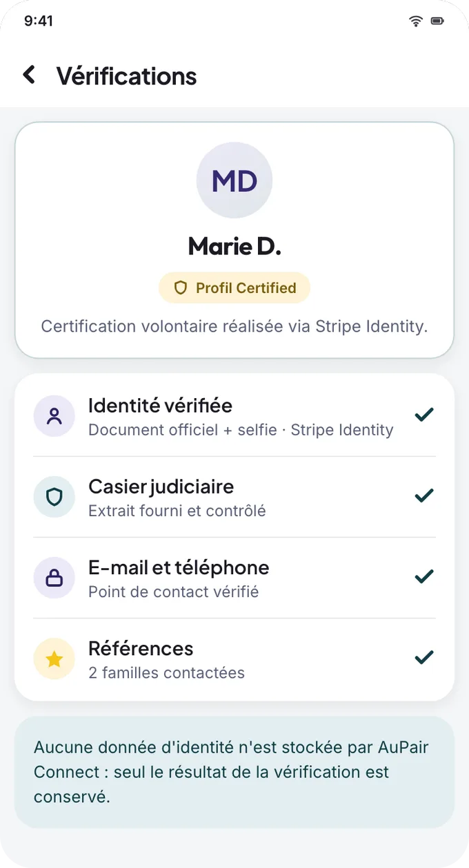 Écran de l'application : détail des vérifications d'identité d'un profil.
