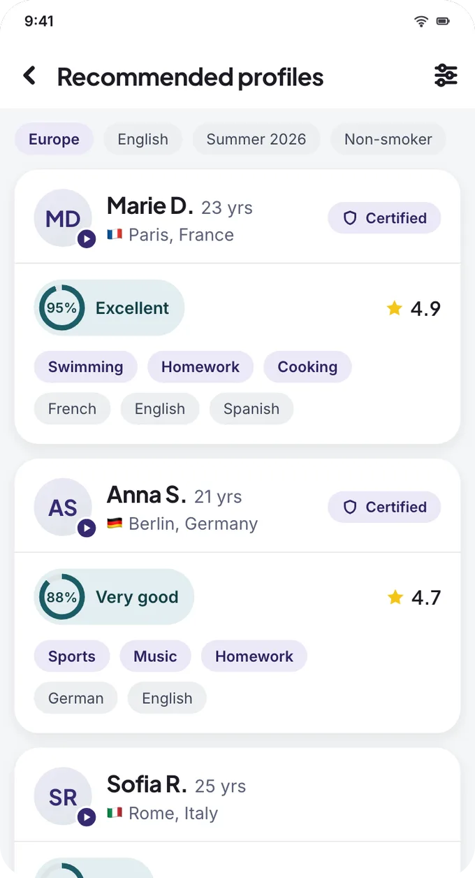 App screen: au pair profiles ranked by compatibility score.