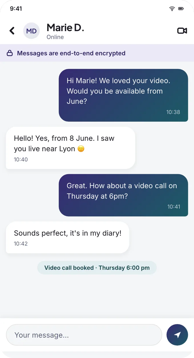 App screen: end-to-end encrypted conversation between a family and an au pair.